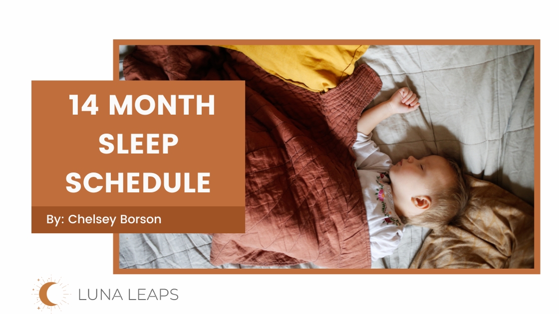 toddler in bed with 14 month old sleep schedule text overlay