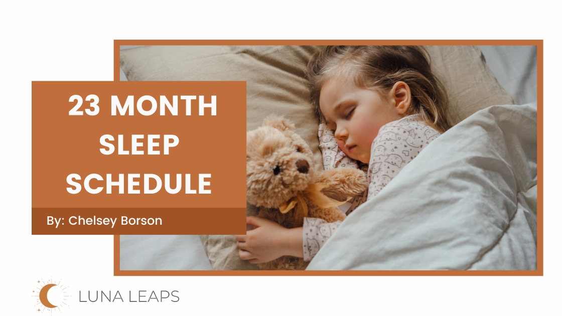 toddler in bed with 23 month old sleep schedule text overlay