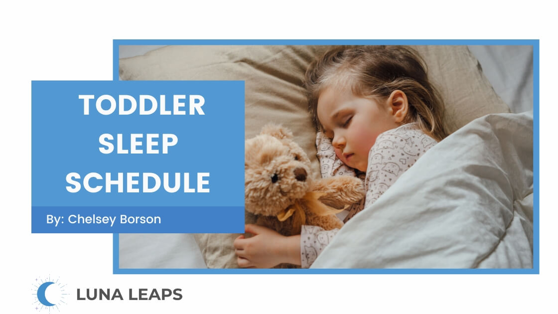 a toddler in bed with text overlay toddler sleep schedule