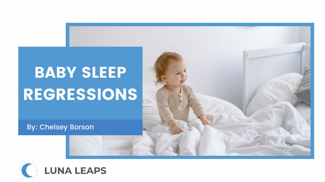 child sitting up in bed with baby sleep regression text overlay